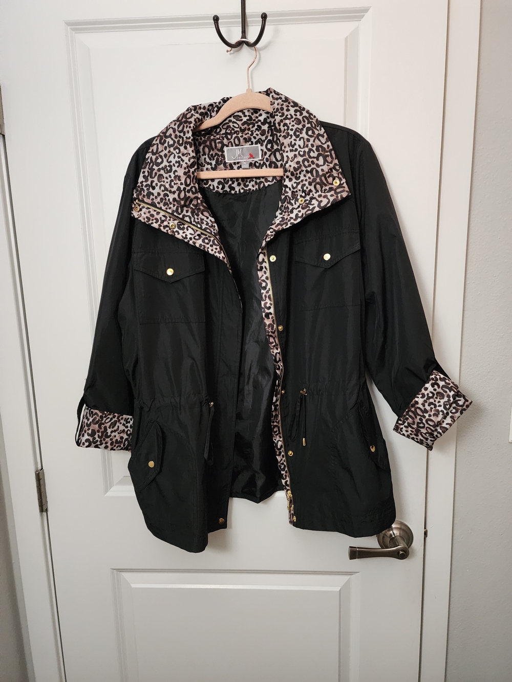 JM Collection Black Utility Jacket with Leopard-Print Trim